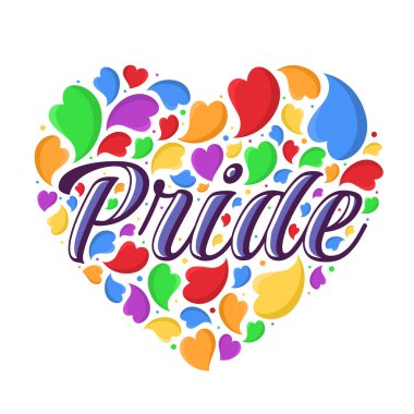 Renkli kalpler ve nokta desen vektör tasarımı ile kalp şeklindeki gurur metni