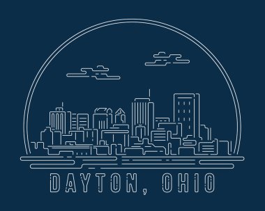 Dayton, Ohio - Beyaz soyut köşe eğrisi olan Cityscape koyu mavi arka planda modern stil, Skyline şehir vektör çizimi tasarımı