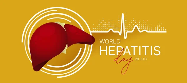 世界肝炎日 黄色背景矢量设计中的白圈肝病标志与线心律波和点纹理 — 图库矢量图片