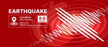 Earthquake Concept - Earthquake infomation text, White line Frequency seismograph waves cracked and Circle Vibration and world texture on red background Vector illustration design clipart