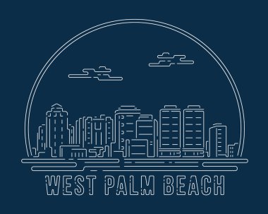 West Palm Beach, Florida - Beyaz soyut köşe eğrisi olan Cityscape koyu mavi arka planda modern stil, Skyline şehir vektör çizimi tasarımı