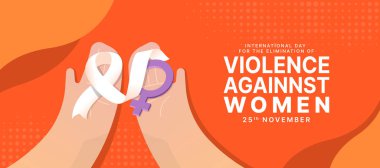 Kadınlara Karşı Şiddetin Önlenmesi İçin Uluslararası Gün - Eller turuncu arka plan vektör tasarımında beyaz farkındalık kurdelesi ve kadın işareti tutuyor