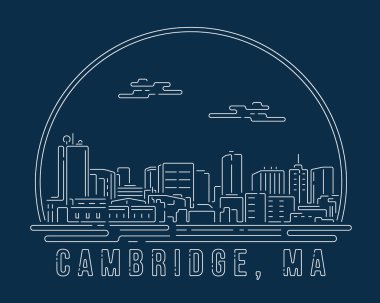 Cambridge, Massachusetts - Beyaz soyut çizgi köşeli Cityscape modern stil koyu mavi arkaplan, Skyline şehir vektör çizimi tasarımı