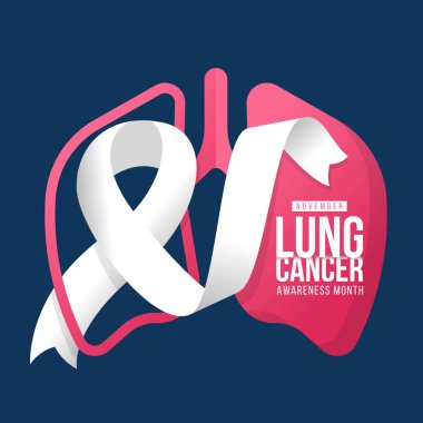 Kasım, akciğer kanseri farkındalığı ayı - Koyu mavi arka plan tasarımı üzerinde pembe akciğer işareti sallanan beyaz kurdele rulosu