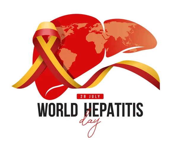 世界肝炎日 肝脏上的红色和黄色肝炎意识带与世界地图纹理矢量设计 — 图库矢量图片