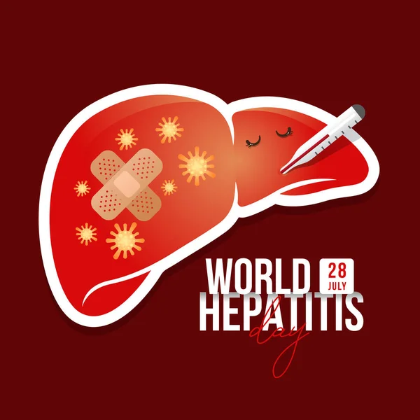 世界肝炎日 带有弹性织物石膏和褐色背景载体设计上的病毒标志的肝脏脉络膜水银温度计 — 图库矢量图片