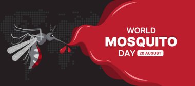 Dünya sivrisinek günü - Sivrisinek charecter uçan ve içme kırmızı damla kan siyah nokta haritası dünya arka plan vektör tasarımı üzerinde