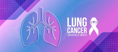 Akciğer kanseri farkındalığı ayı metin ve mavi mor doku arka planı beyaz kurdele işareti ve soyut modern akciğer işaret vektör tasarımı