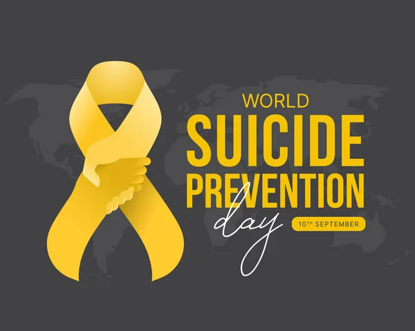 stock vector World Suicide prevention day - Yellow ribbon awareness with hand hold hand to give hope sign on dark world map texture background vector design