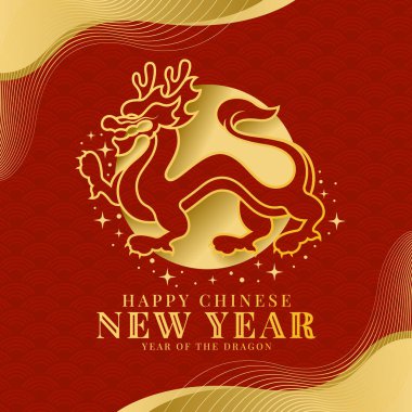 Happy chinese new year - Gold Line dragon stand on circle moon with star around sign on red  texture background vector design clipart