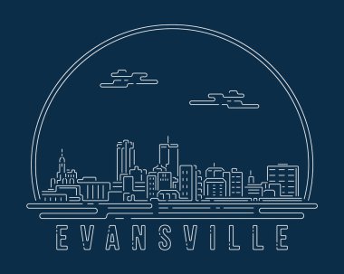 Evansville, Indiana - Beyaz soyut köşe eğrisi olan Cityscape koyu mavi arka planda modern stil, Skyline şehir vektör çizimi tasarımı