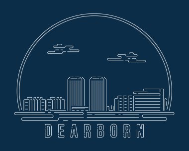 Dearborn, Michigan - Beyaz soyut köşe eğrisi olan Cityscape koyu mavi arka planda modern stil, Skyline şehir vektör çizimi tasarımı