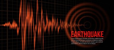 Deprem Konsepti - Orange Light Line Frequency Sismograph dalgaları çatladı ve perspektif ızgarası ve siyah arkaplan vektör illüstrasyon tasarımı üzerinde Çember Titreşim oluştu