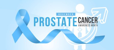 Prostat kanseri farkındalığı ayı - Beyaz erkek üzerinde mavi kurdele farkındalığı işareti vücut işareti ve yumuşak mavi arka plan tasarımı etrafında erkek sembolü