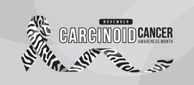 Karsinoid kanseri farkındalığı ayı - Metin ve zebra baskı kurdelesi gri arka plan vektör tasarımı hakkında farkındalık