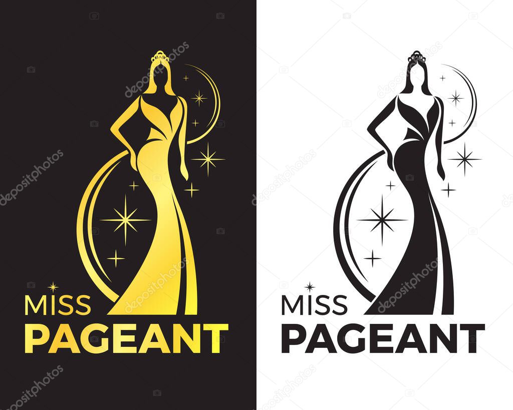 Miss pageant logo - Black and gold tone The beauty queen pageant wearing evening gown and crown with stars around vector design