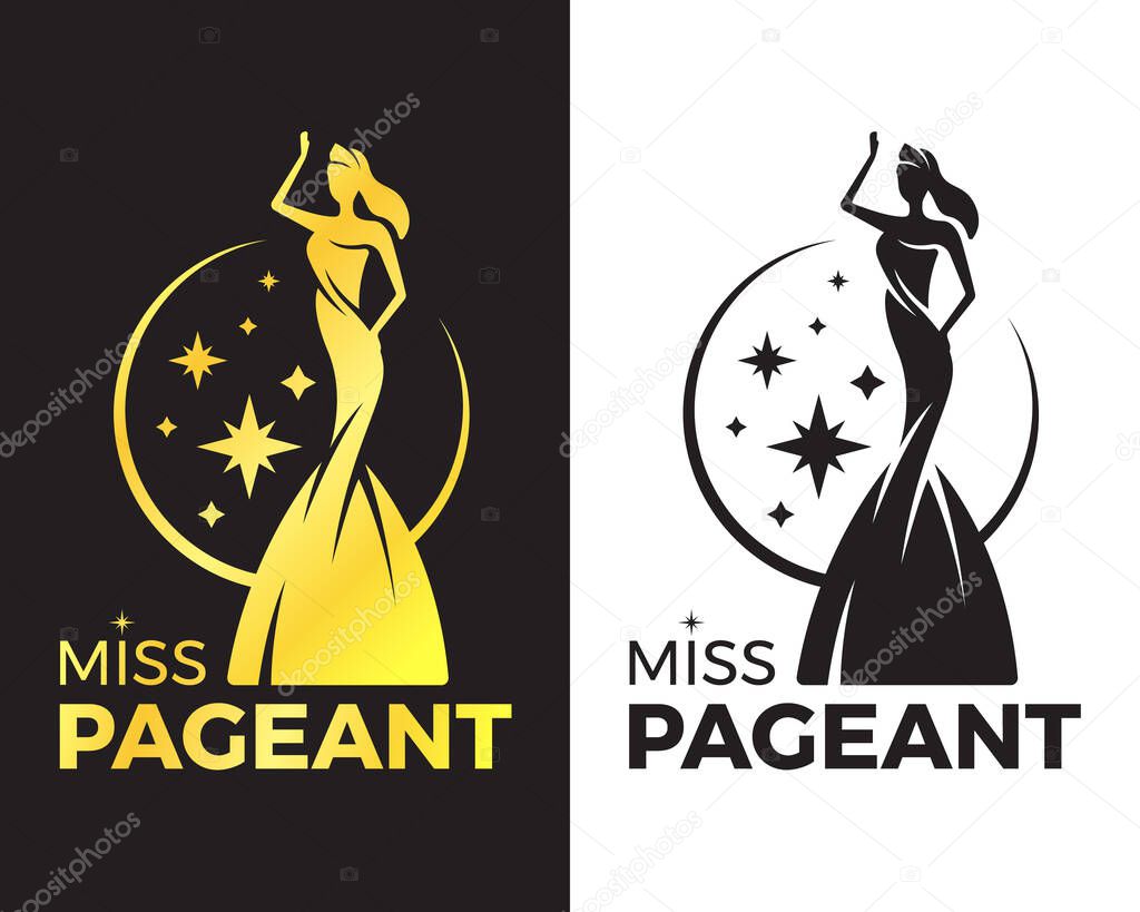 Miss pageant logo - Black and gold tone The beauty queen pageant standing and waving with stars and circle ring around vector design