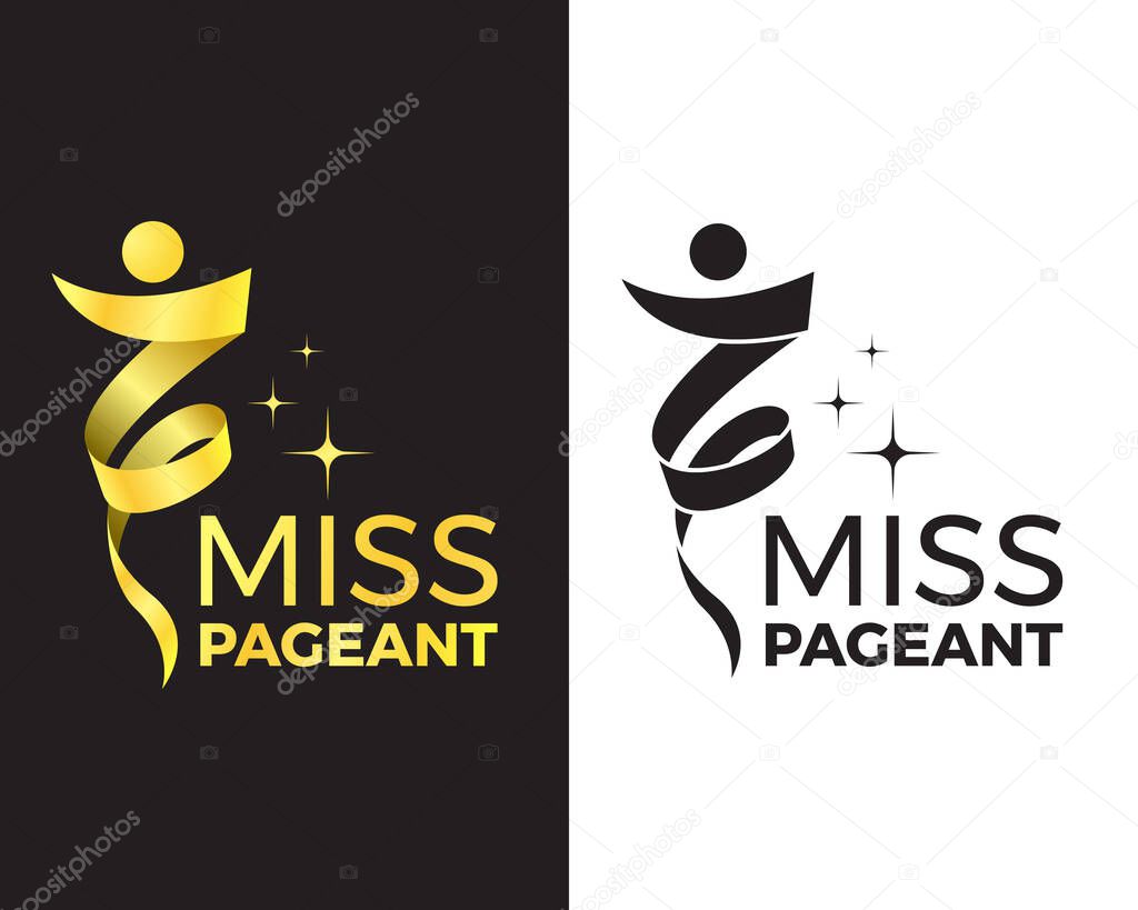 Miss pageant logo - Black and gold tone ribbon roll and waing to woman model shape and star around vector design