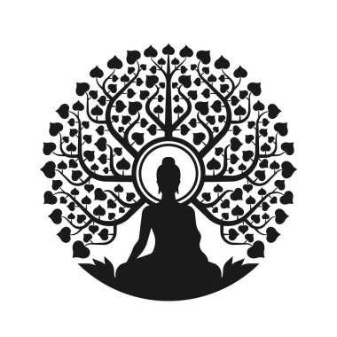 Kara Buda Meditasyonu ışıl ışıl parlıyor Yapraklı bodhi ağacının altında oturuyor kalp şekli soyut modern çember tarzı vektör tasarımı