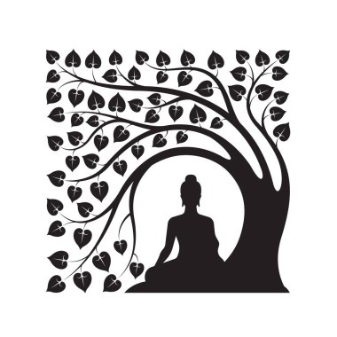 Siyah Buda Meditasyonu yaprak ile bodhi ağacının altında oturmaktadır modern kare biçim vektör tasarımı