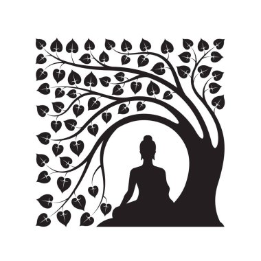 Black Buddha Meditation sit under bodhi tree with leafs abstract modern square shape style vector design clipart