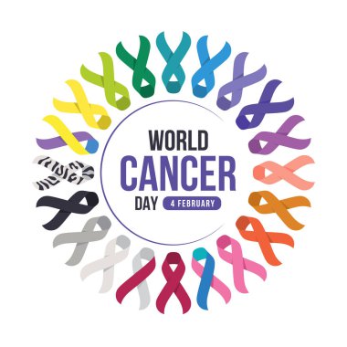 World cancer day text in circle frame with set of ribbons of different colors against cancer vector design clipart