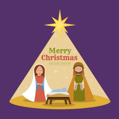 Mutlu Noeller - Meryem ve Joseph 'le birlikte gece bebek İsa' nın yemliğinde İsa 'nın doğuşu ve ışık yıldızı Noel ağacı şeklinde şirin bir vektör tasarımı
