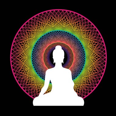 Beyaz Buda oturur ve soyut renkli çember çizgileri üzerinde meditasyon yapar siyah arkaplan vektör tasarımı üzerinde sanat tarzını aşar