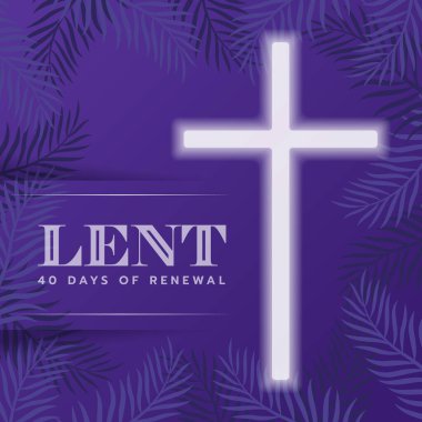 LENT, yenilenmenin 40 günü - Metin ve beyaz ışık haç işareti plakta bırakın mor doku arka plan vektör tasarımı