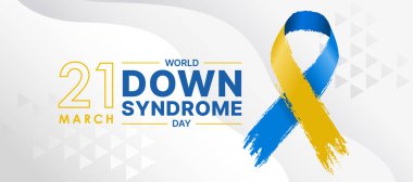 Dünya Down Sendromu Günü - Eğri ve üçgen dokusu vektör tasarımı üzerinde metin ve soyut mürekkep fırçası Mavi ve sarı kurdele işareti