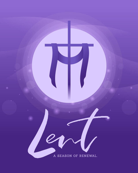 LENT, a season of renewal - Text and purple cross crucifix with cloth on circle light and purple texture background vector design