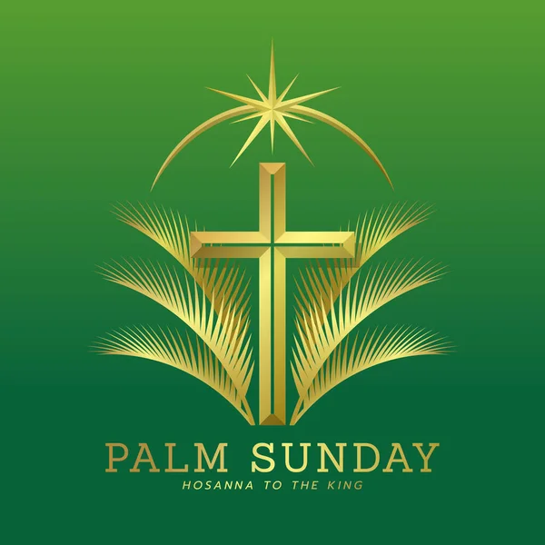 Palmiye pazarı, krala hassana - Üzerinde yıldız ışığı ve yeşil arkaplan tasarımı üzerinde palmiye yaprakları olan altın haç ve yazı