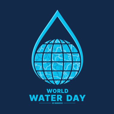 Dünya Su Günü - Hat suyu bırakın ve koyu mavi arkaplan vektör tasarımında mavi su desenli Wolrd 'u daire içine alın