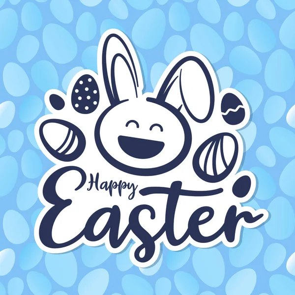 Happy Easter Text Head Rabbit Smile Egg Easter Sign Blue — Stock Vector