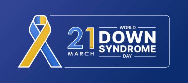 Dünya Down Sendromu Günü, 21 Mart - Beyaz çerçeveli metin ve koyu mavi arka plan vektör tasarımı üzerinde mavi ve sarı kurdele işareti