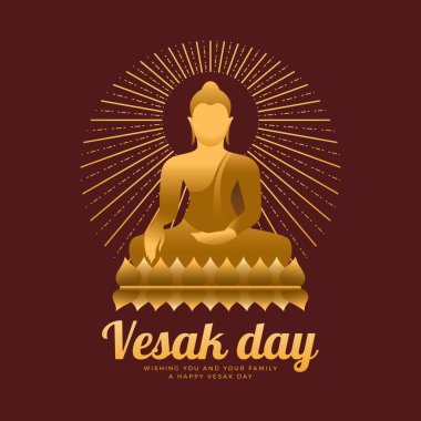 Vesak Günü - Altın Buda Nilüfer üzerine meditasyonu ve kırmızı kahverengi arka plan vektör tasarımında çizilmiş çizgiler etrafında daire çizerek yayılır