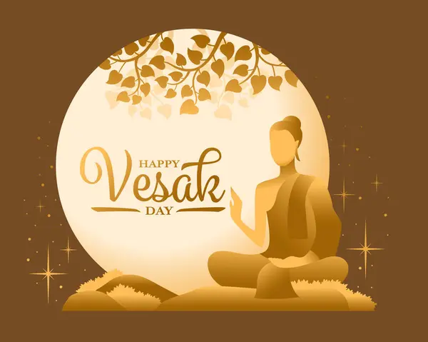 Happy Vesak Day Gold Buddha Sit Bodhi Tree Circle Full Royalty Free Stock Vectors