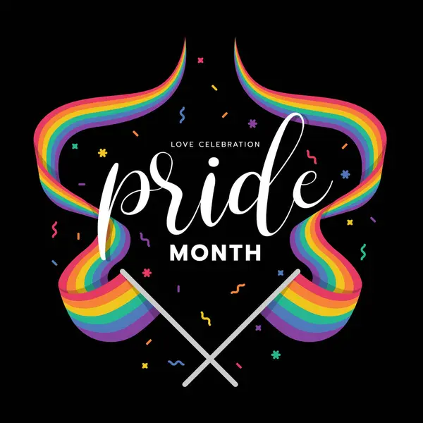 Love Celebration Pride Month Text Two Rainbow Pride Flag Waving Stock Illustration