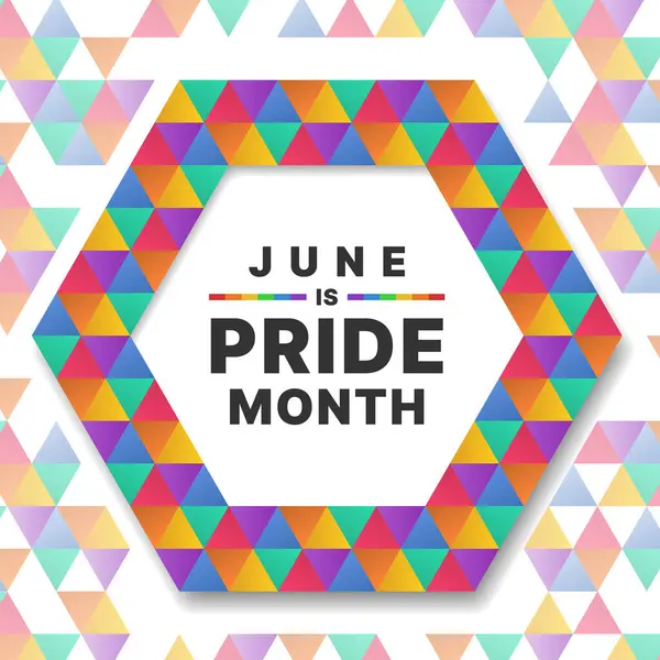 June Pride Month Text Hexagon Frame Colorful Rainbow Triangles Texture Royalty Free Stock Vectors