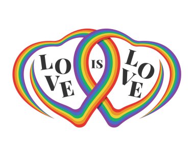 LOVE IS LOVE text in rainbow pride heart cross heart sign vector design