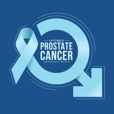 Eylül ayında prostat kanseri farkındalık ayı metin yuvarlak açık mavi kurdele farkındalık işareti ile mavi arkaplan vektör tasarımı üzerinde erkek sembolü