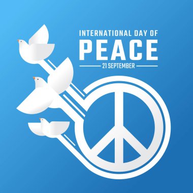 Uluslararası Barış Günü - Grup beyaz barış kuşu mavi arka plan vektör tasarımı üzerinde daire barış işaretinden yükseliyor