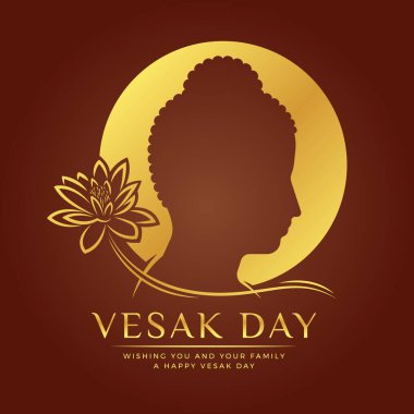 Mutlu Vesak Günü - Buda 'nın kafasının çember işaretli altın kenar görüntüsü ve kahverengi arka plan vektör tasarımında lotus çiçeği