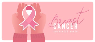 Göğüs kanseri farkındalığı ayı - yumuşak pembe arka plan vektör tasarımında eller pembe kurdele farkındalık etiketi taşıyor