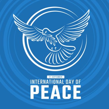 Uluslararası Barış Günü - Beyaz çizgi, barış güvercini tutacağı yaprağını mavi dokunun arka plan tasarımı üzerinde çift katlı daire işareti içinde uçuruyor