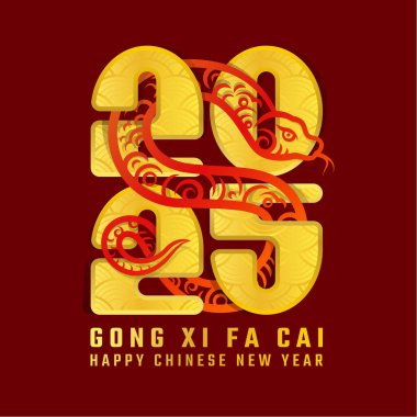 Mutlu Çin Yeni Yılı, Gong Xi fa cai Metin ve Kırmızı Çizim Yılan Zodyak Koyu kırmızı arka plan tasarımı 2025 metni