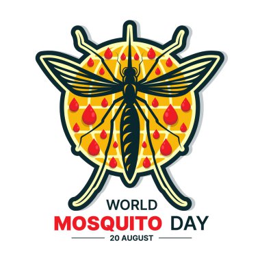 Dünya Sivrisinek Günü - Sarı yuvarlak dünya üzerinde sivrisinek işareti ve vektör tasarımı etrafında kan damlaları