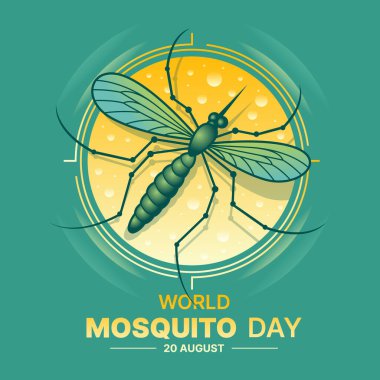 Dünya Sivrisinek Günü - Sarı çemberin üzerinde yeşil arkaplan vektör tasarımına odaklı sivrisinek işareti