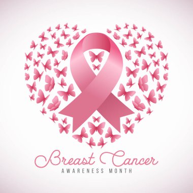 Göğüs kanseri farkındalığı - Pembe kurdeleler farkındalık işareti ve kalp şeklindeki vektör tasarımına uçan pembe kelebekler