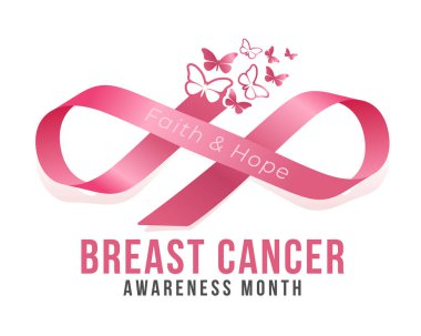 Göğüs kanseri farkındalığı ayı - Pembe kurdele farkındalığı işaretleri, kelebeklerin kurdele vektör tasarımından yükselmesiyle göğüs şekline doğru yuvarlanıyor